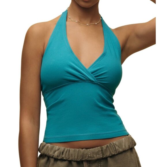 Pilcro Anthropologie Twist-Front Halter-Neck Top Size M Turquoise - Picture 1 of 5